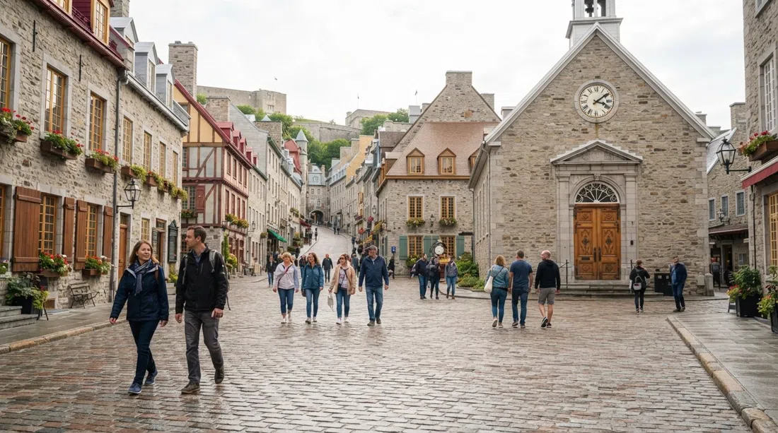 Place Royale in Quebec City’s Lower Town, cobblestones, restored stone houses and Notre-Dame-des-Victoires under soft daylight