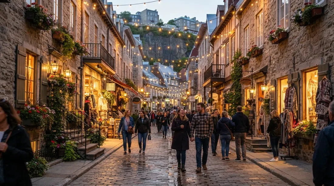 Rue du Petit-Champlain at dusk in Quebec City, string lights glowing above cobblestones and flower boxes, stone facades close on either side