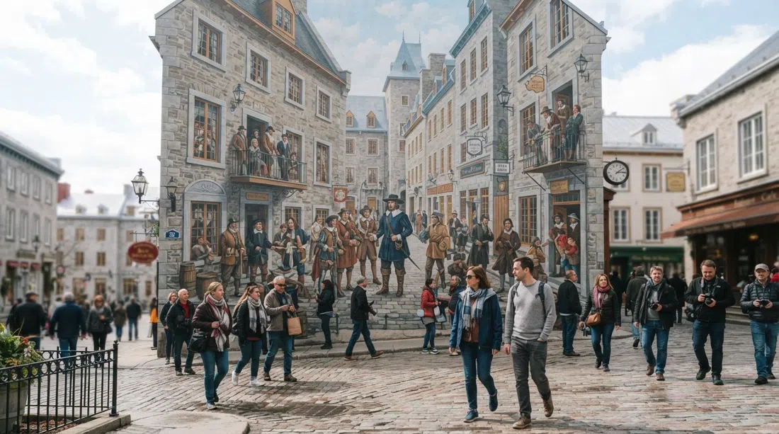 the Fresque des Québécois mural on Rue Notre-Dame, a giant trompe-l'œil wall painting packed with historic figures and old houses