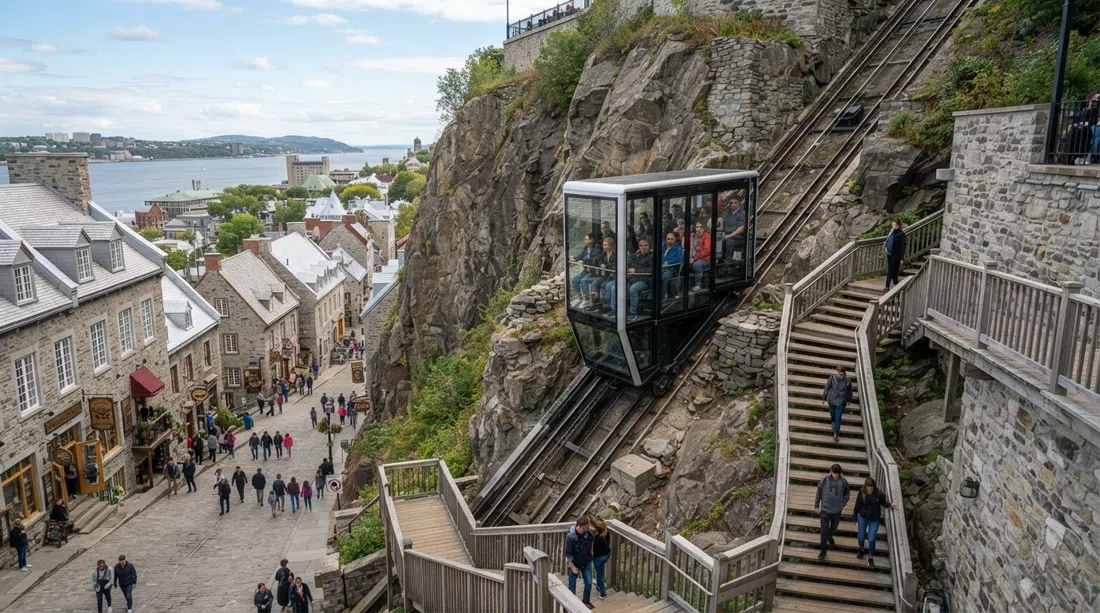 the glass Funiculaire du Vieux-Québec climbing the cliff beside the Escalier Casse-Cou, with the lower town below