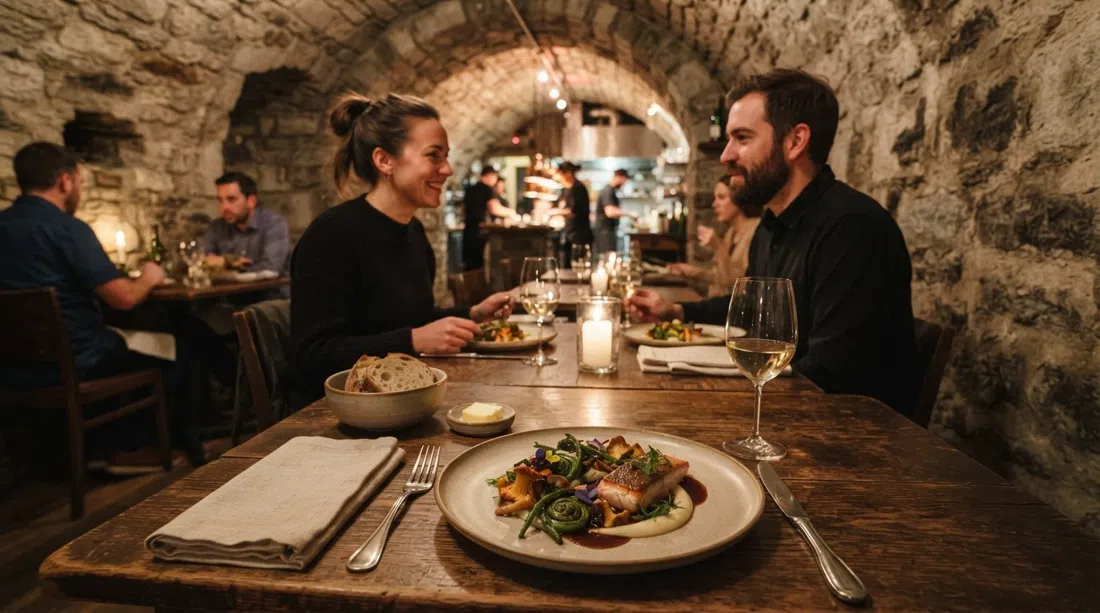 a plated tasting-menu course at Tanière³ in a stone-vaulted cellar, Quebec-terroir fine dining under warm low light