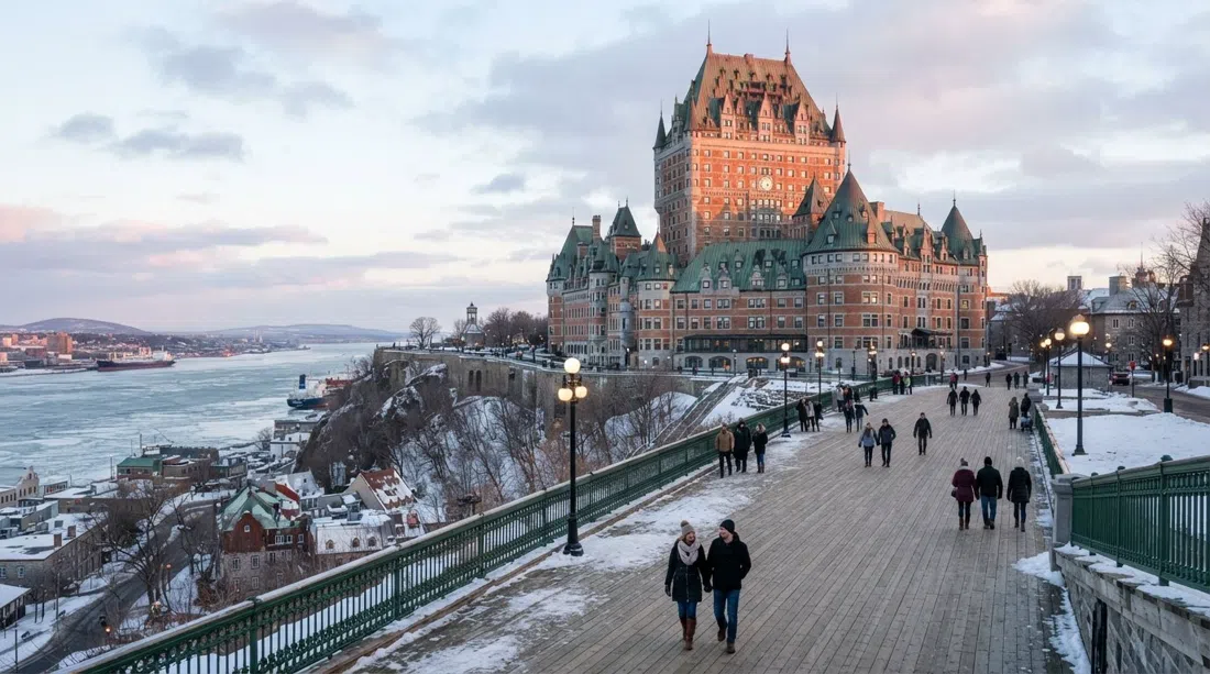 il Château Frontenac che sorge sopra la scogliera all'alba, tetto di rame verde che brilla sopra la Terrasse Dufferin e il fiume San Lorenzo