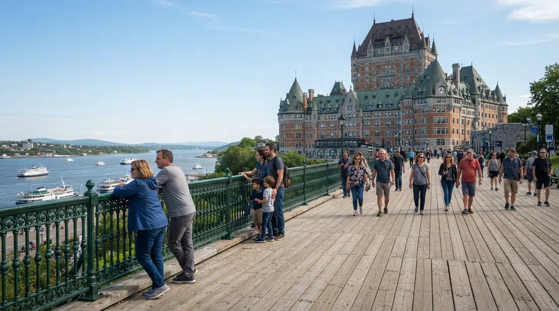 Terrasse Dufferin accanto al Château Frontenac in un pomeriggio limpido, passerella di legno, fiume oltre, visitatori appoggiati alla ringhiera