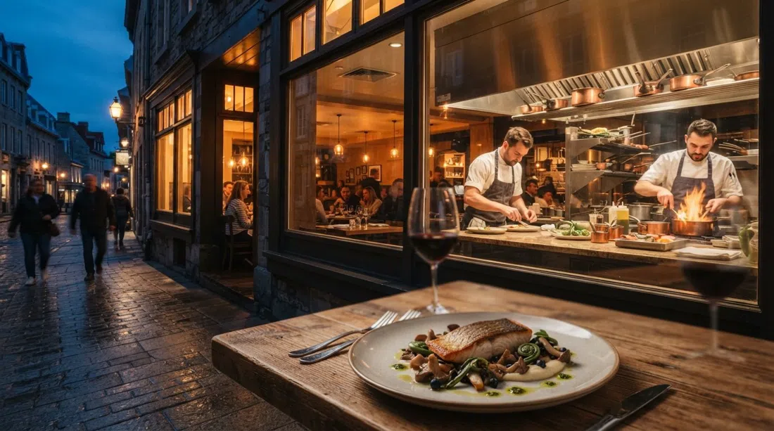 Le Clan in rue des Jardins con la sua cucina a vista, luce calda interna e un piatto di degustazione boreale in primo piano