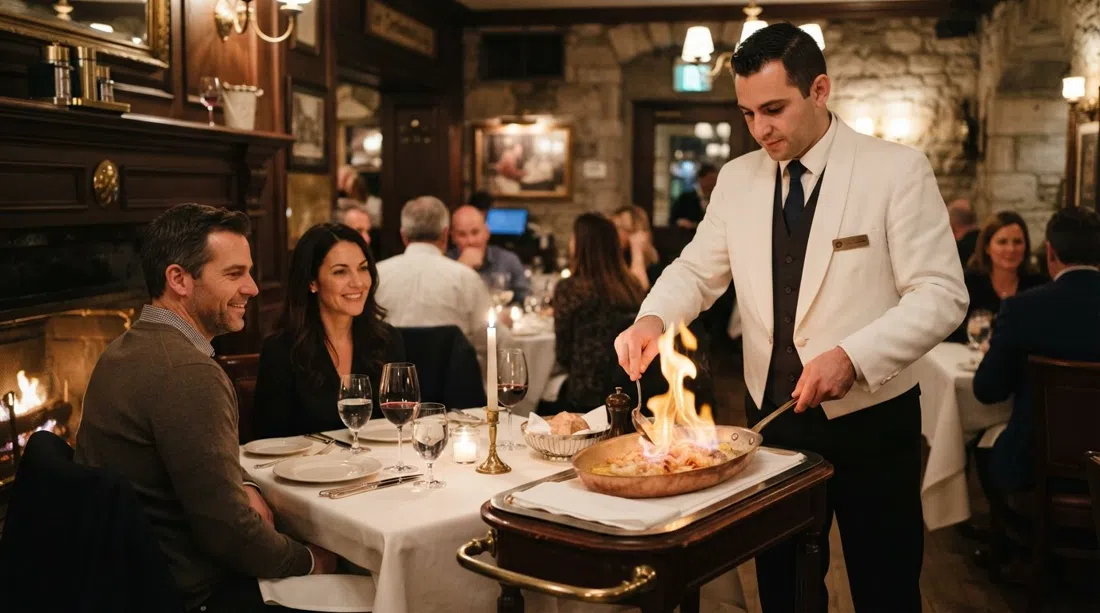 un servizio di flambé al tavolo al Le Continental in rue Saint-Louis, cameriere in giacca bianca che finisce gli scampi accanto a un tavolo illuminato da candele
