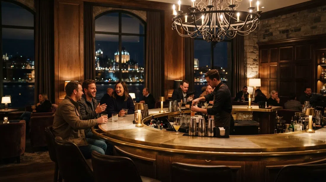 Bar 1608 dentro il Château Frontenac, bancone circolare in ottone e marmo, lampadario sopra, San Lorenzo visibile attraverso le finestre alte di notte