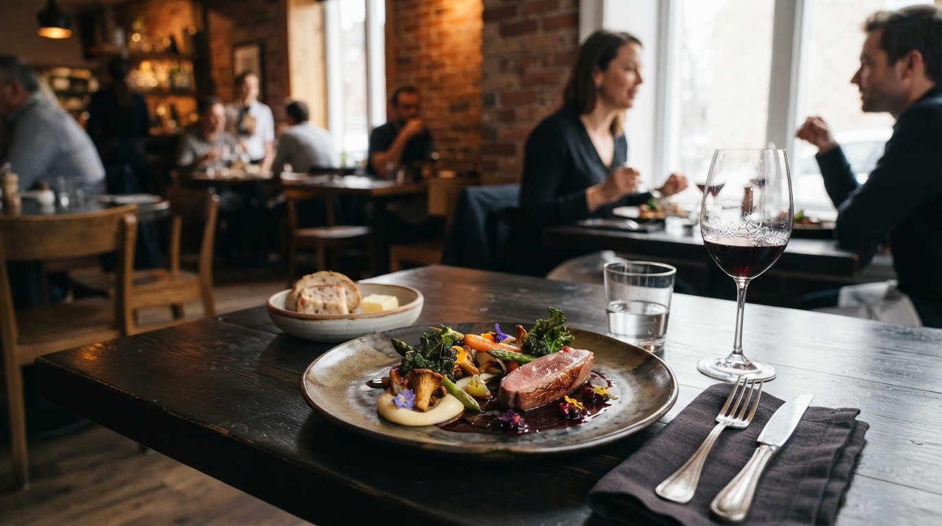 a refined five-course tasting dish at ARVI on 3e Avenue, delicate Quebec ingredients plated with fine-dining precision on a dark table