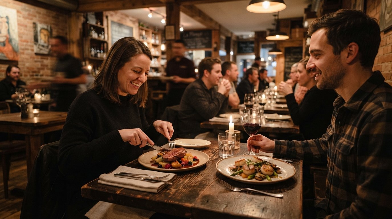 the warm dining room at La Planque on 3e Avenue, low light over seasonal Québec plates and intimate bistro tables