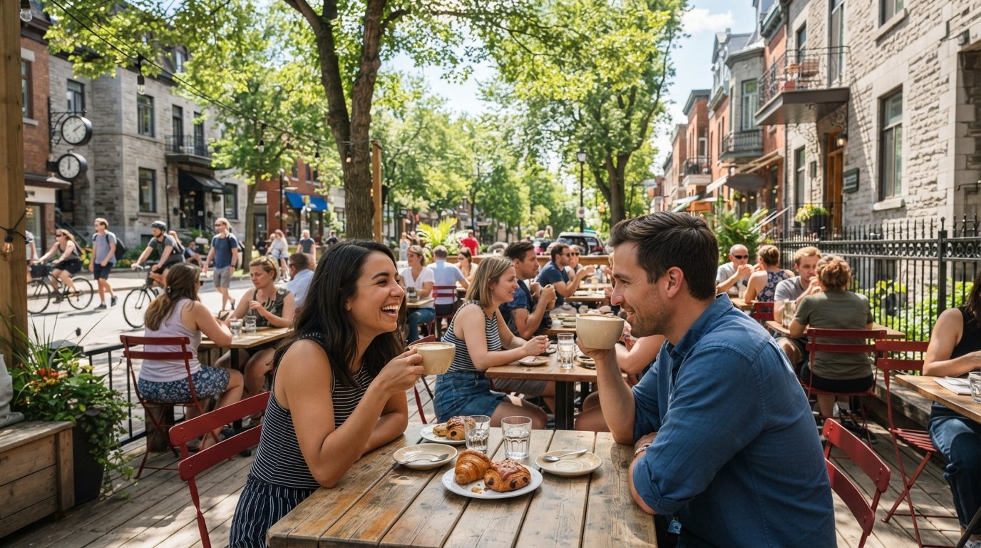 a sunny terrace at Brûlerie Limoilou on 3e Avenue, coffee cups, pastries and street trees in summer light