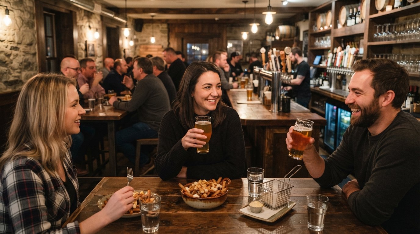 the taproom at La Souche on Chemin de la Canardière, rows of house beers and hearty pub plates in a warm tavern interior