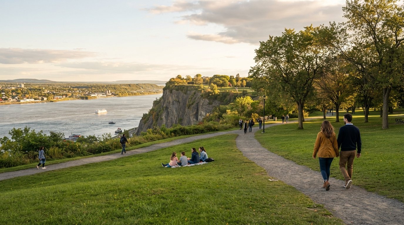 the Plains of Abraham cliff-top park in late afternoon light, open grass leading toward the St. Lawrence and distant river views
