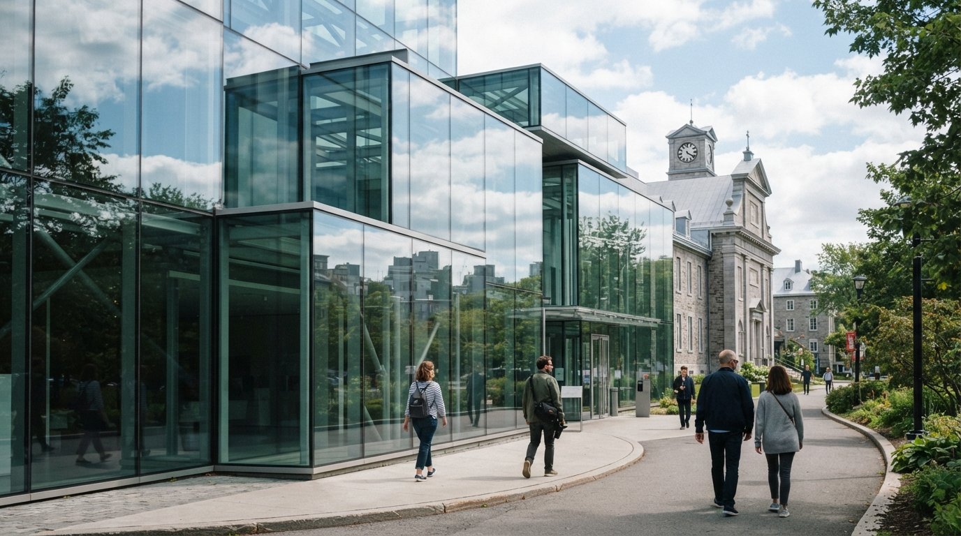the glassy Pierre Lassonde Pavilion of the MNBAQ, its contemporary facade reflecting the sky beside the older museum buildings