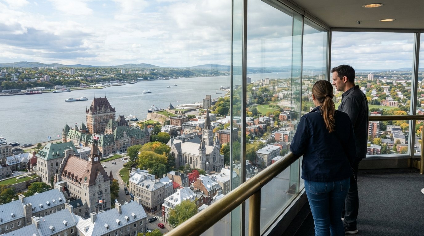 the 360-degree view from the Observatoire de la Capitale, looking over Old Quebec, the river and Montcalm from high above