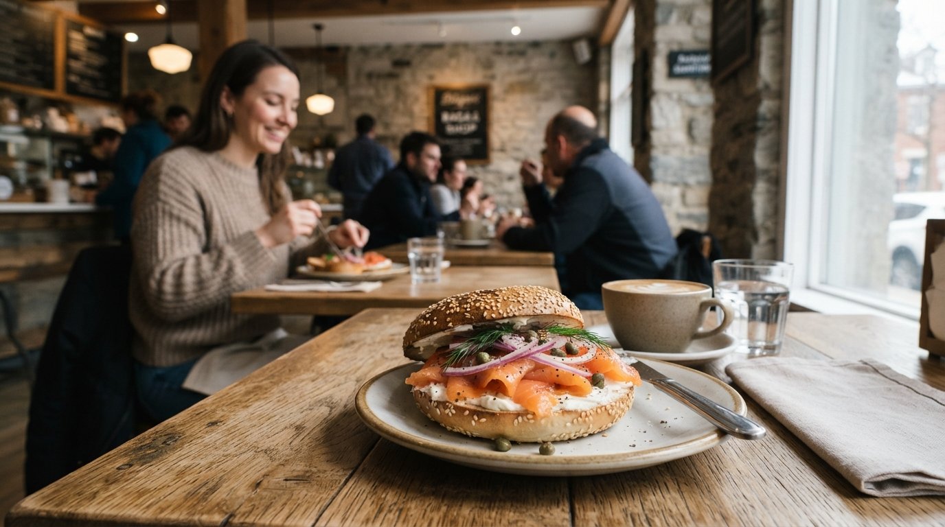 a wood-fired bagel with house-cured gravlax at Bügel, photographed close-up on a wooden table