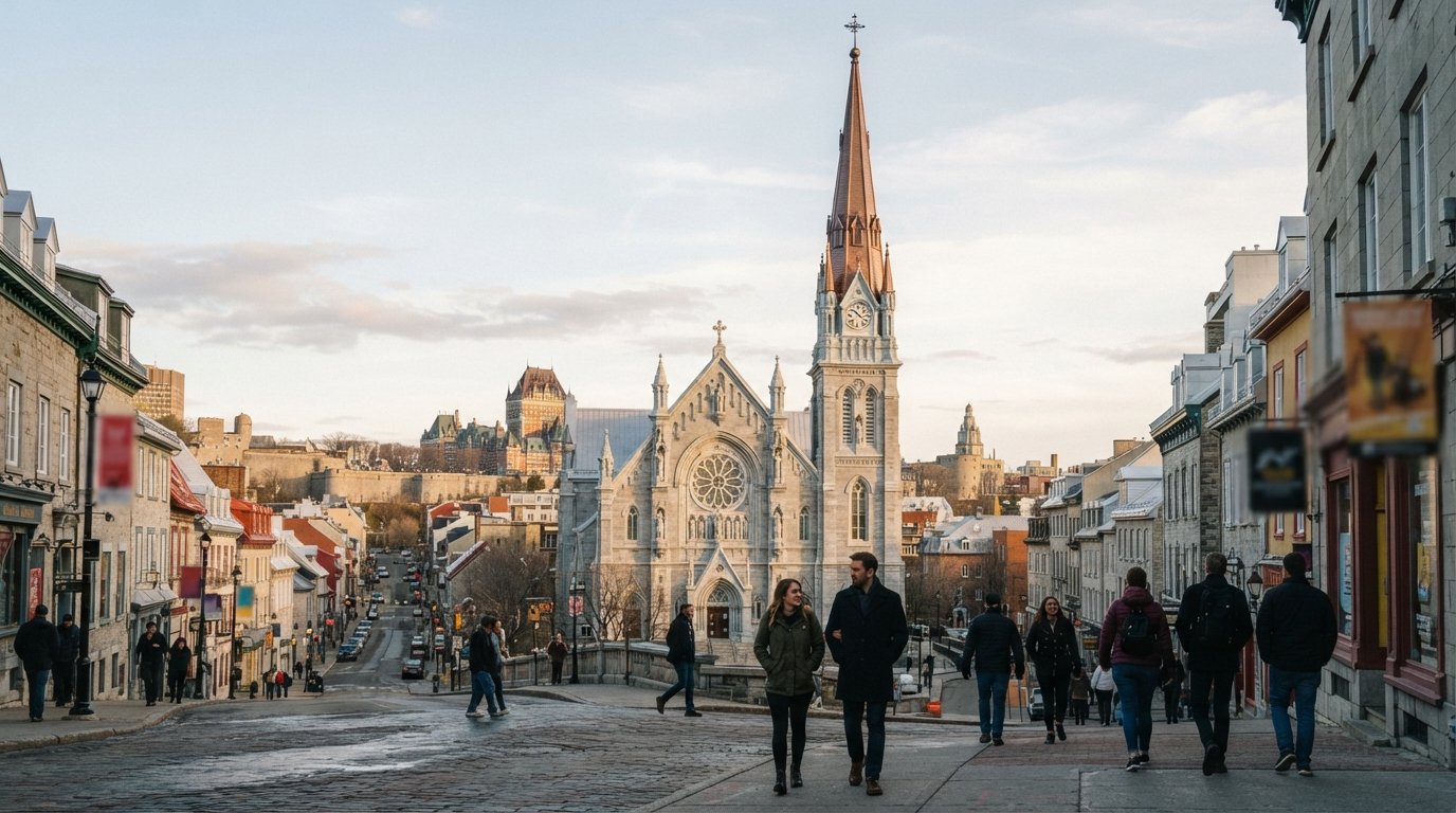 the marble facade and tall spire of Église Saint-Jean-Baptiste rising above Rue Saint-Jean at late afternoon, with the steep neighbourhood roofs below