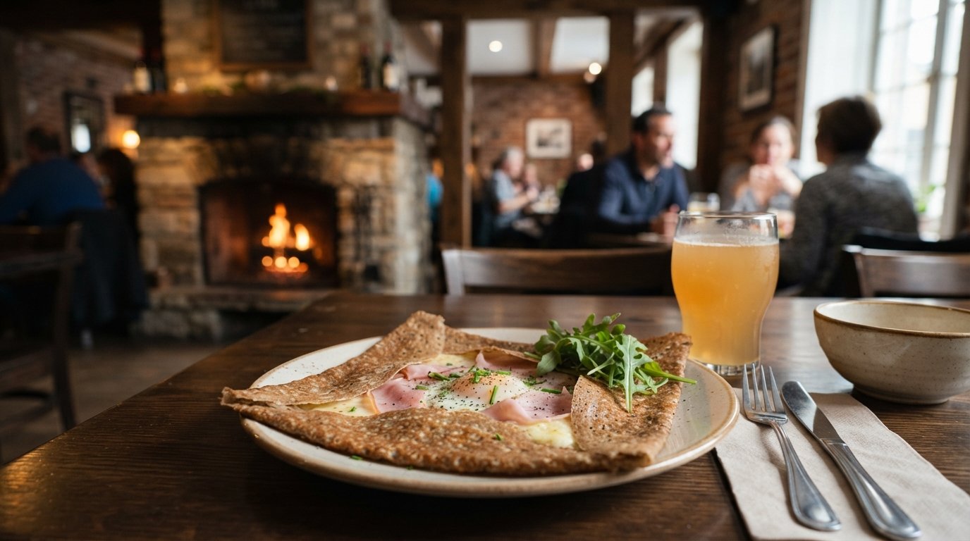 a buckwheat galette at Le Billig with a crisp folded edge, warm brick-and-fireplace room in soft light, and a glass of cider beside it