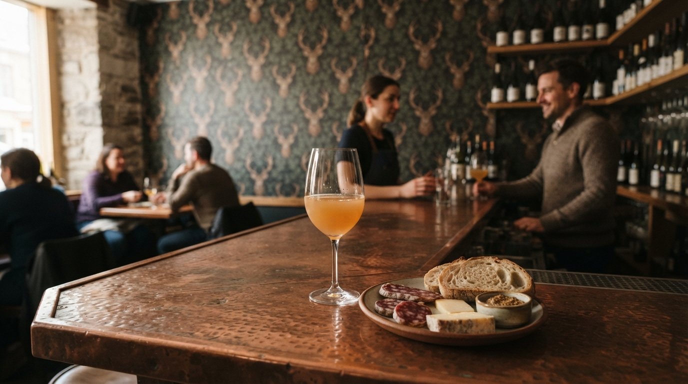 the copper bar and deer-print wallpaper inside Buvette Scott, with a natural-wine glass and a small terroir plate on the counter