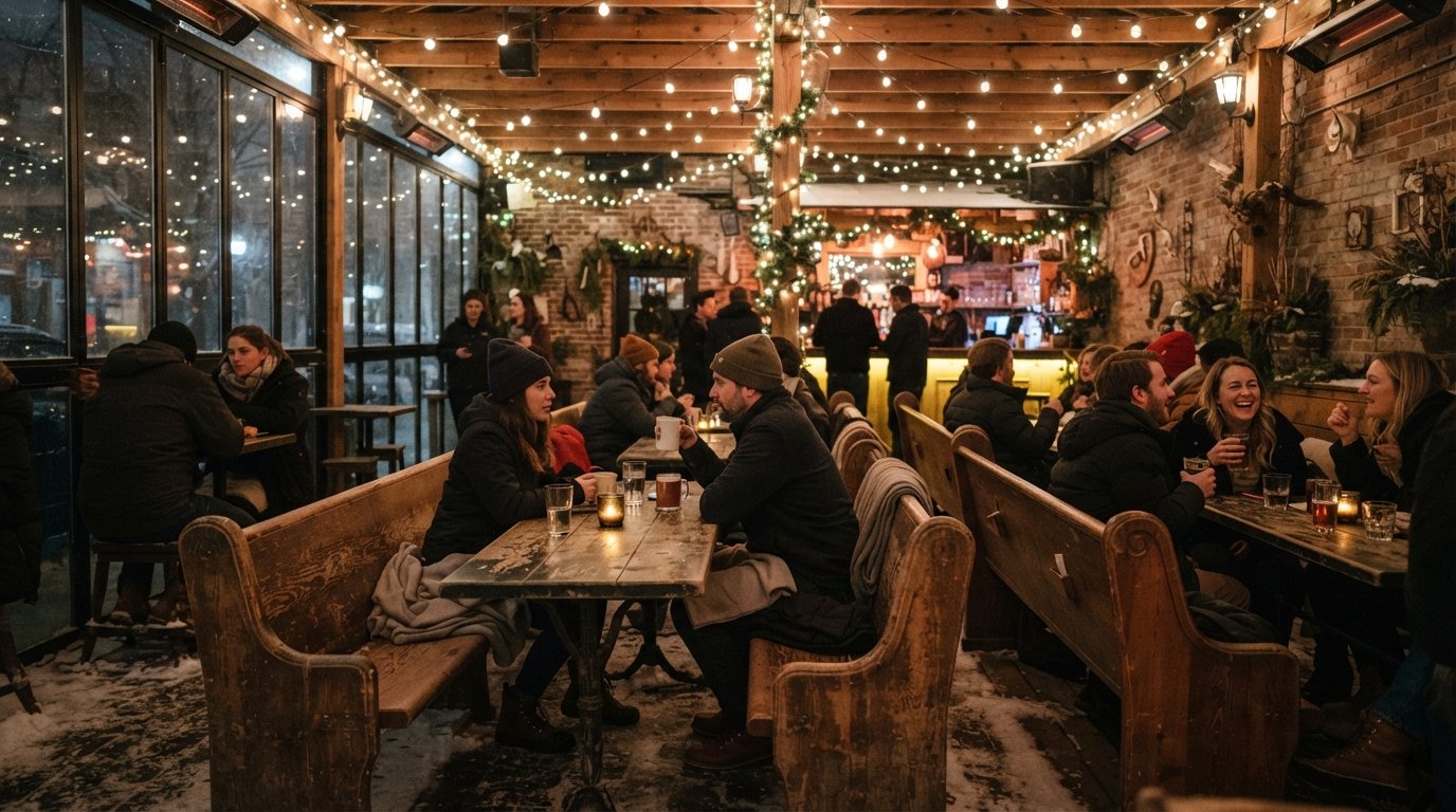 the hidden four-season courtyard at Le Sacrilège, with church-pew seating, string lights and winter glass panels glowing after dark