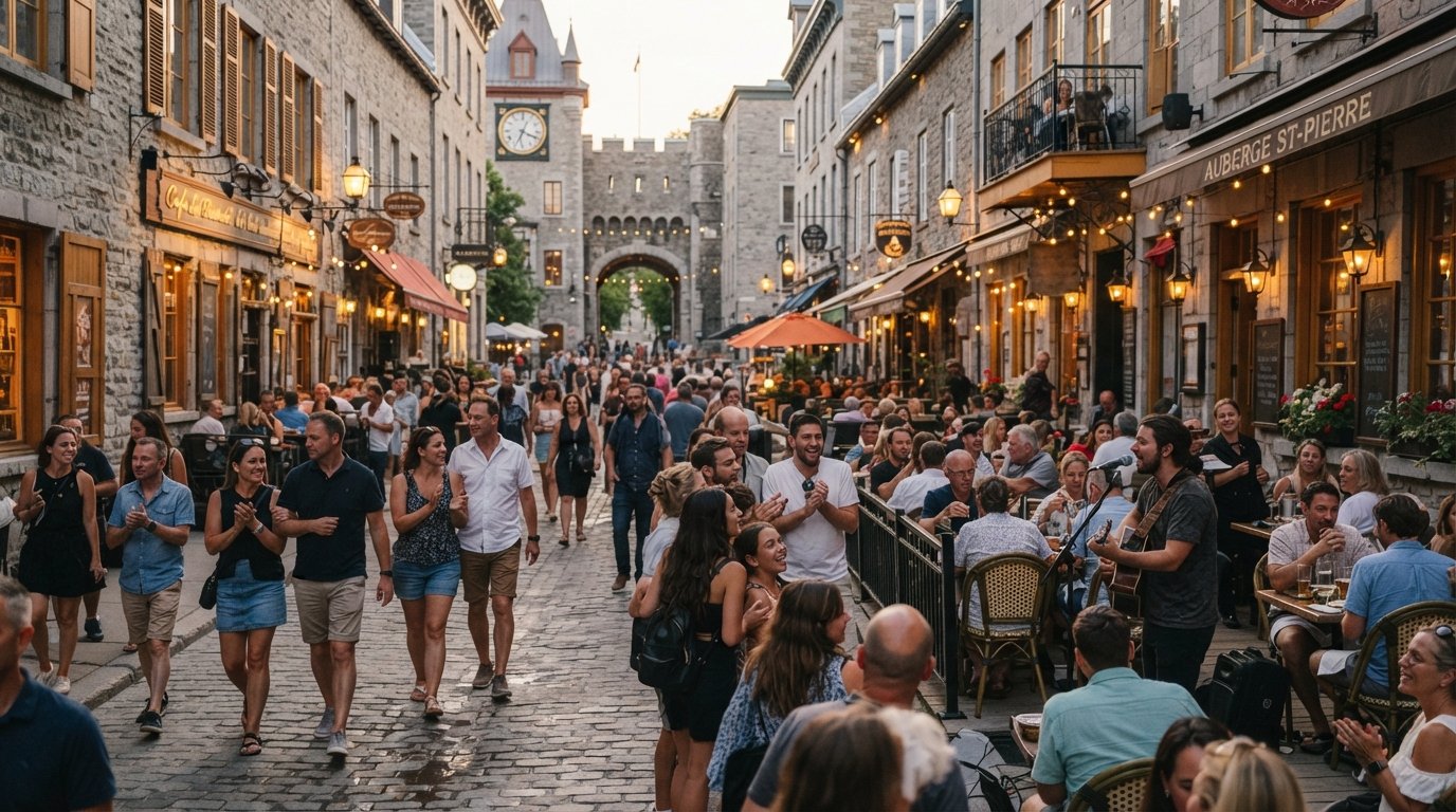 Rue Saint-Jean during the summer pedestrian zone, with terraces, buskers and evening light filling the closed street